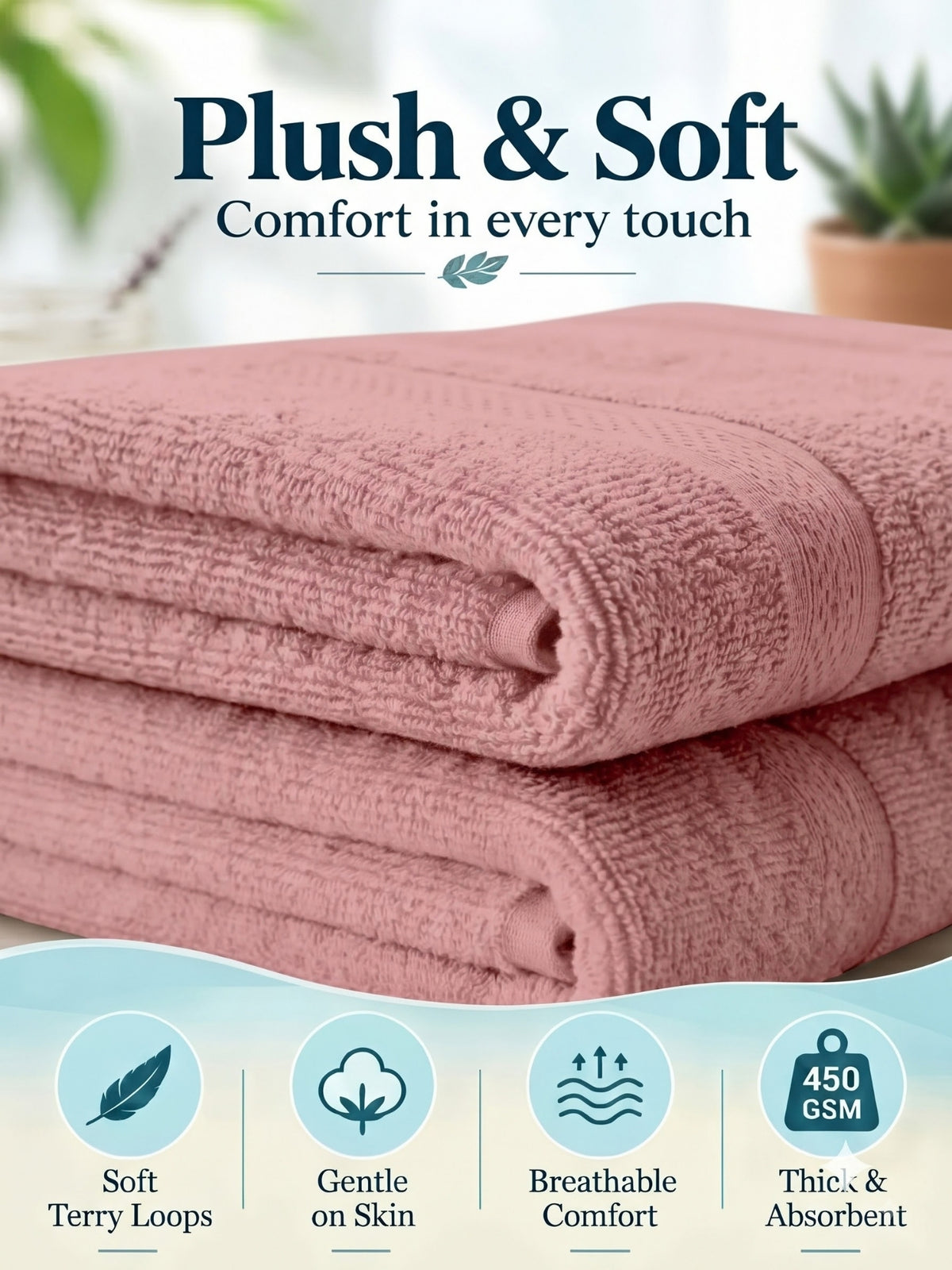 Daisy 100% Cotton Terry Bath Towel Set of 2 | 450 GSM | Soft & Absorbent | 75 x 150 cm| Brownish Grey
