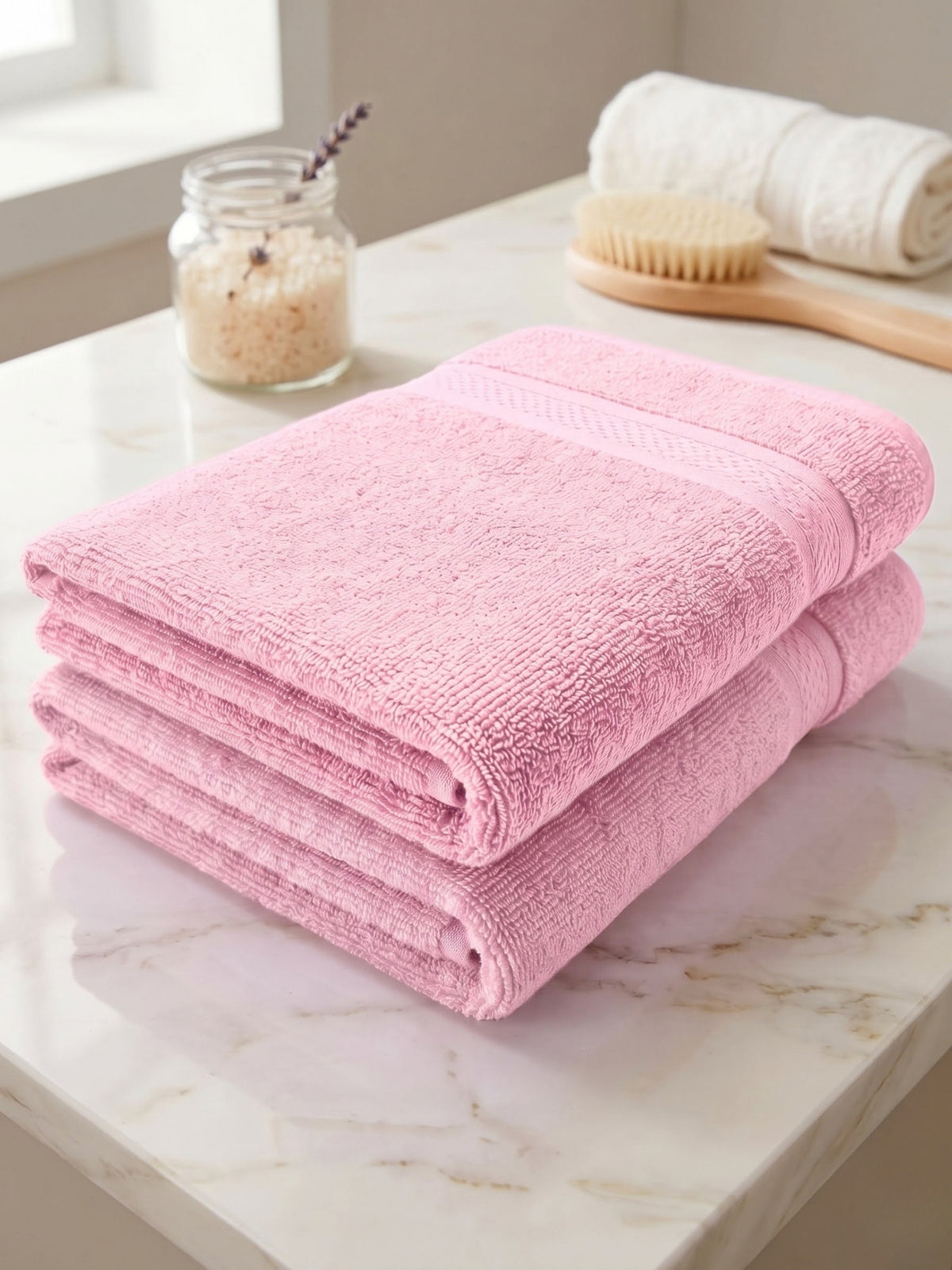 Daisy 100% Cotton Terry Bath Towel Set of 2 | 450 GSM | Soft & Absorbent | 75 x 150 cm| Baby Pink