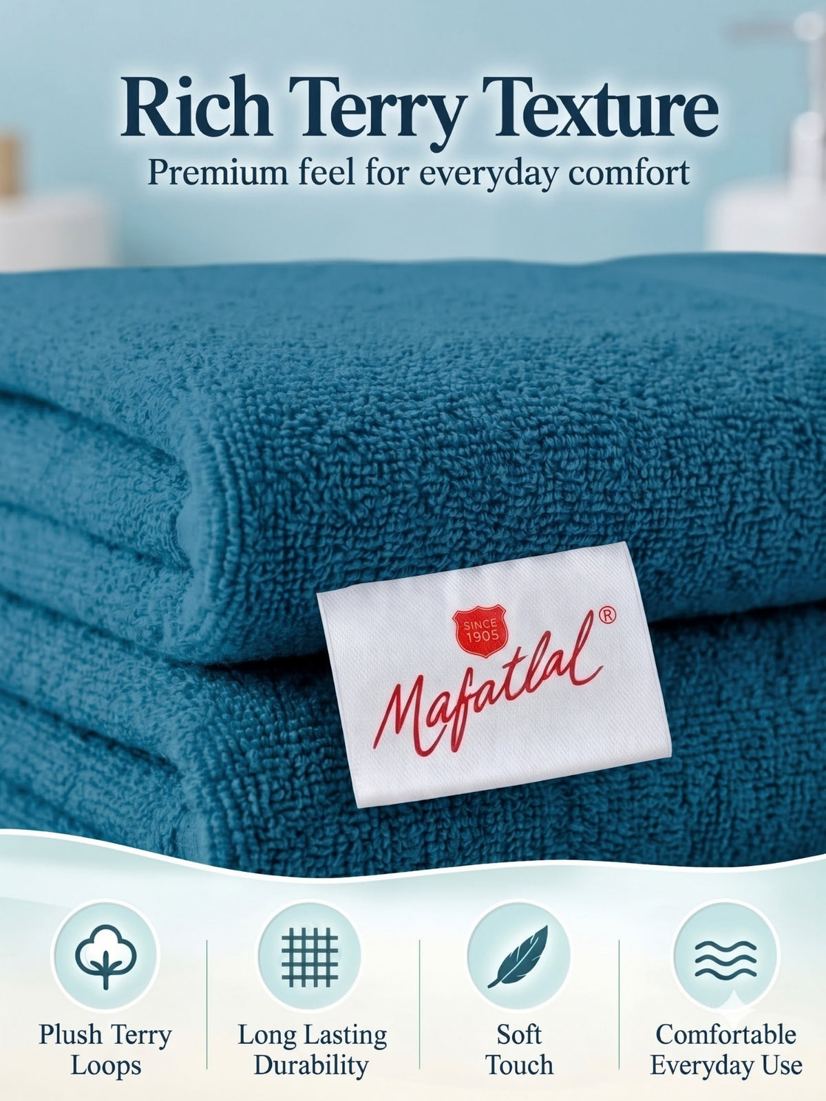 Daisy 100% Cotton Terry Bath Towel Set of 2 | 450 GSM | Soft & Absorbent | 75 x 150 cm| Dark Teal