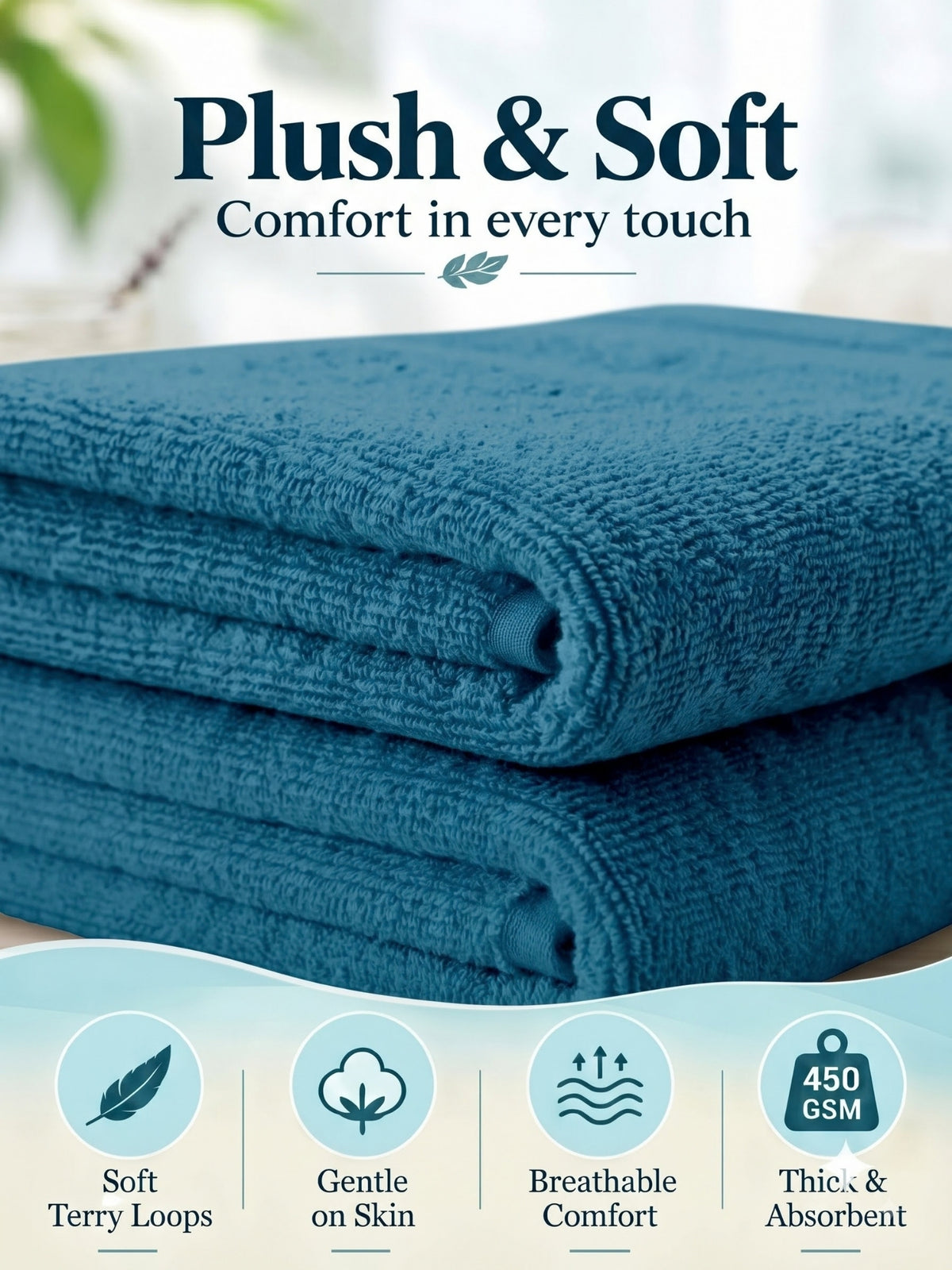 Daisy 100% Cotton Terry Bath Towel Set of 2 | 450 GSM | Soft & Absorbent | 75 x 150 cm| Dark Teal