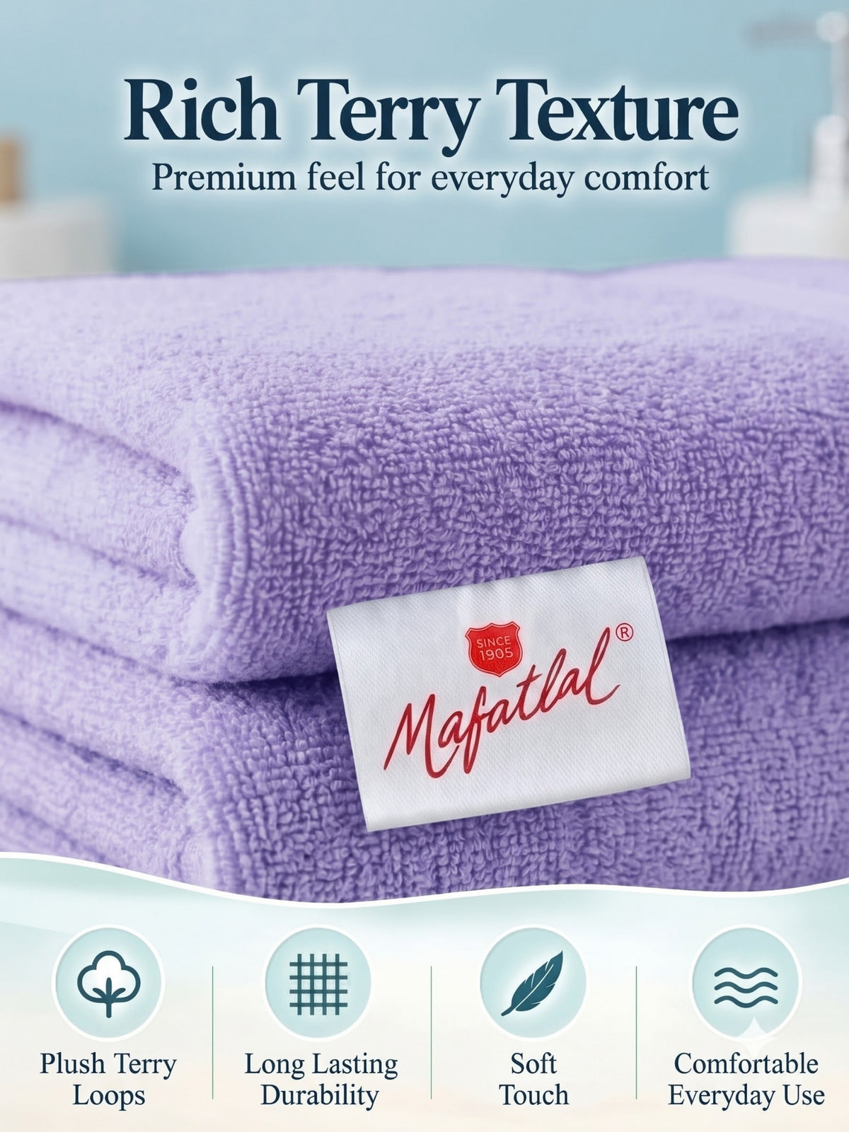 Daisy 100% Cotton Terry Bath Towel Set of 2 | 450 GSM | Soft & Absorbent | 75 x 150 cm|Lavender