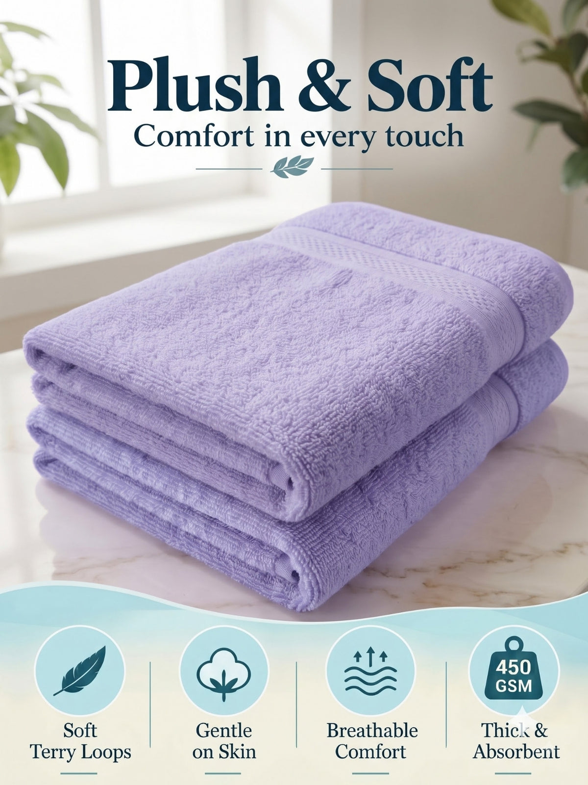 Daisy 100% Cotton Terry Bath Towel Set of 2 | 450 GSM | Soft & Absorbent | 75 x 150 cm|Lavender