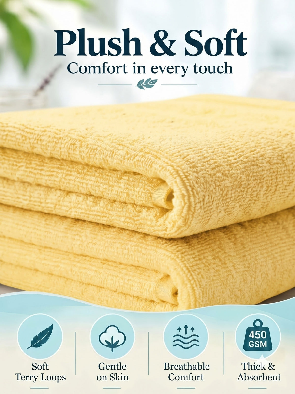 Daisy 100% Cotton Terry Bath Towel Set of 2 | 450 GSM | Soft & Absorbent | 75 x 150 cm| Lemon Yellow