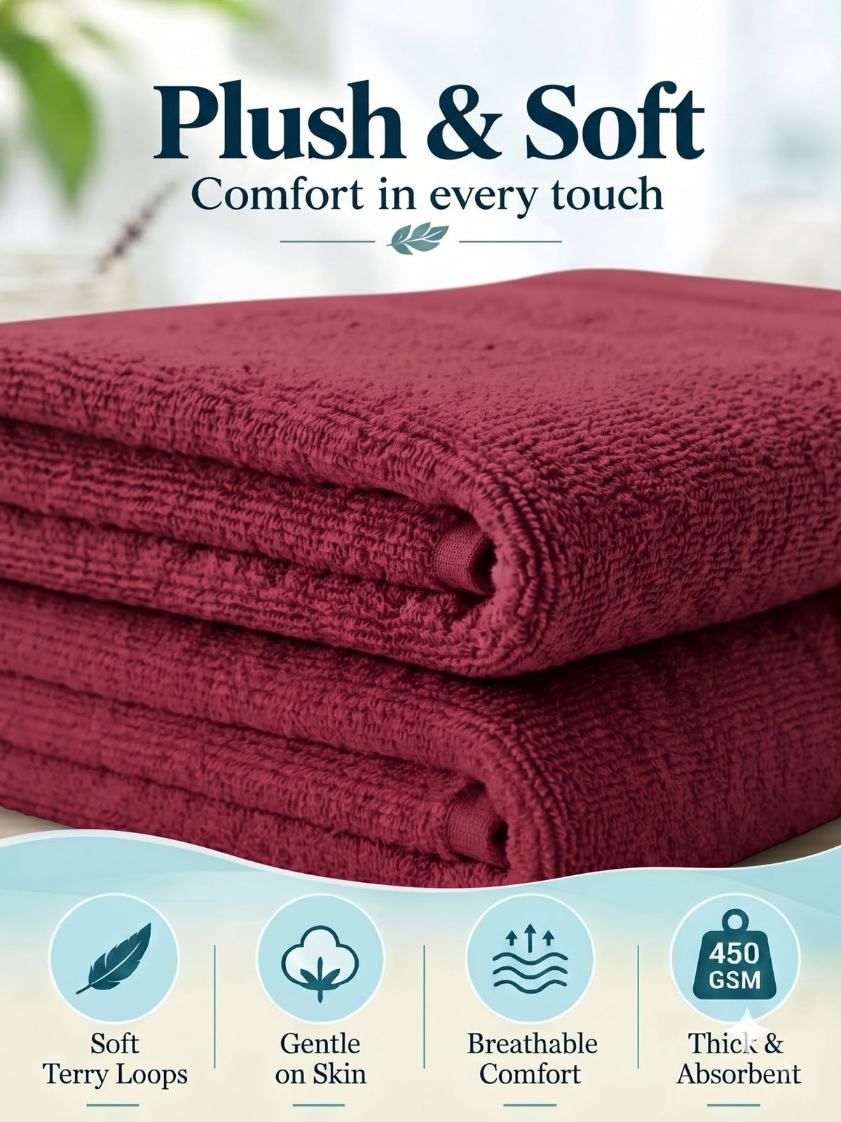 Daisy 100% Cotton Terry Bath Towel Set of 2 | 450 GSM | Soft & Absorbent | 75 x 150 cm|Maroon