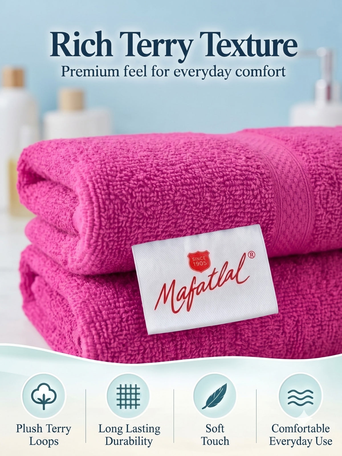 Daisy 100% Cotton Terry Bath Towel Set of 2 | 450 GSM | Soft & Absorbent | 75 x 150 cm| Rose Pink
