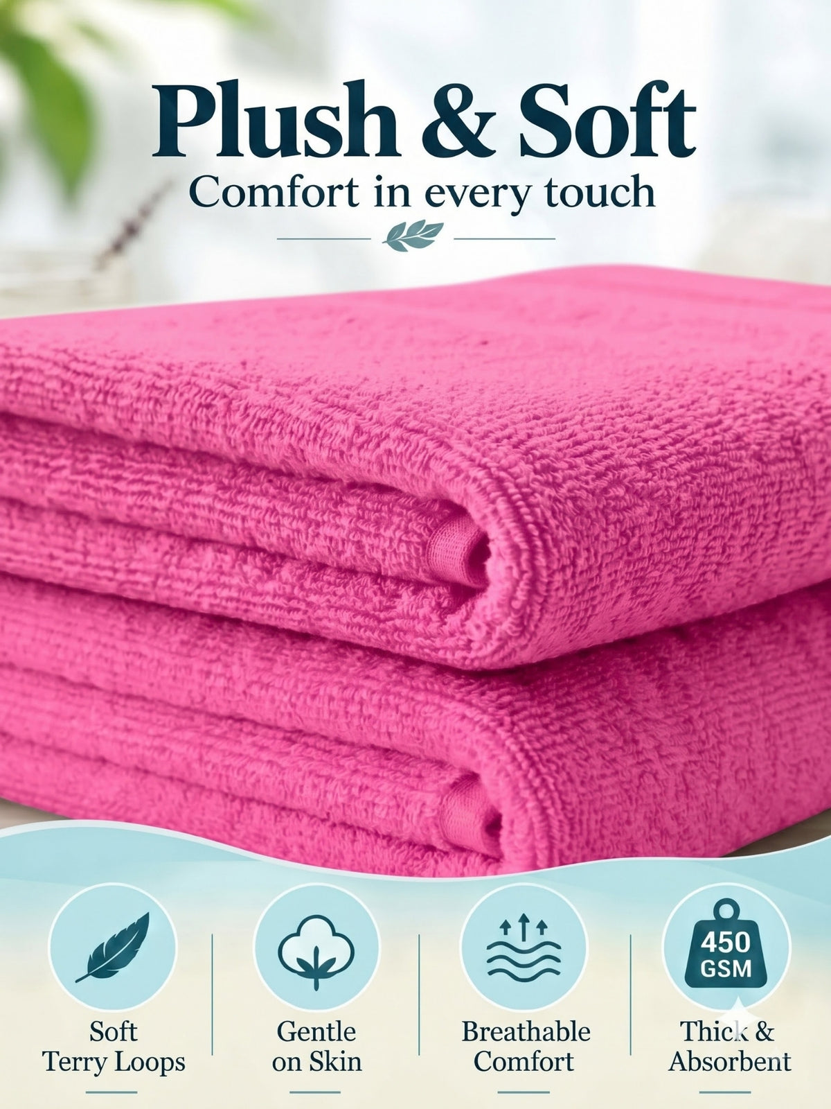 Daisy 100% Cotton Terry Bath Towel Set of 2 | 450 GSM | Soft & Absorbent | 75 x 150 cm| Rose Pink
