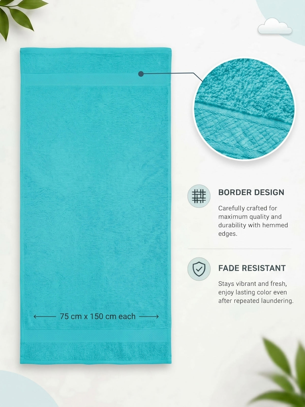 Daisy 100% Cotton Terry Bath Towel Set of 2 | 450 GSM | Soft & Absorbent | 75 x 150 cm|Aqua blue