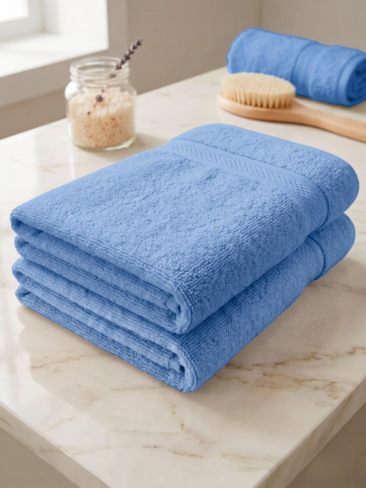 Daisy 100% Cotton Terry Bath Towel Set of 2 | 450 GSM | Soft & Absorbent | 75 x 150 cm| Sky Blue