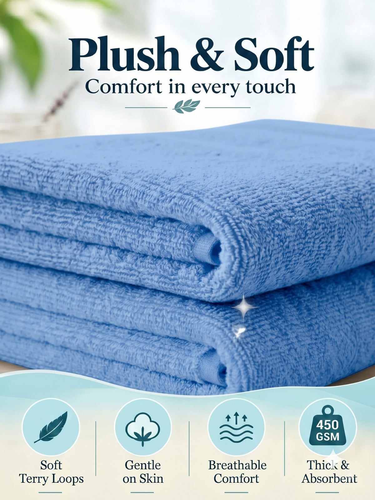 Daisy 100% Cotton Terry Bath Towel Set of 2 | 450 GSM | Soft & Absorbent | 75 x 150 cm| Sky Blue