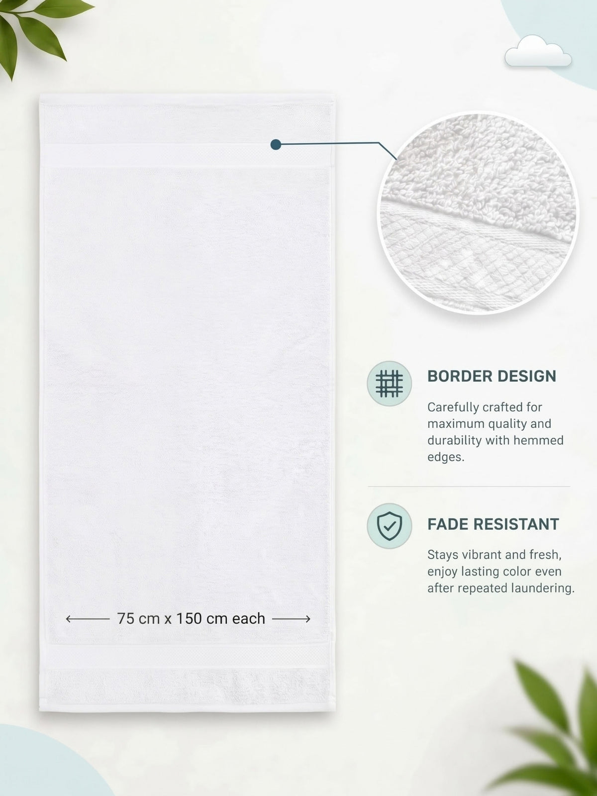 Daisy 100% Cotton Terry Bath Towel Set of 2 | 450 GSM | Soft & Absorbent | 75 x 150 cm| White