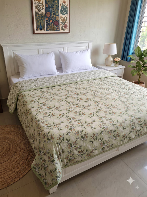 150 GSM Sparsh Cotton Double Bed Dohar | 210 x 240 cm | Reversible AC Blanket | Beige Green