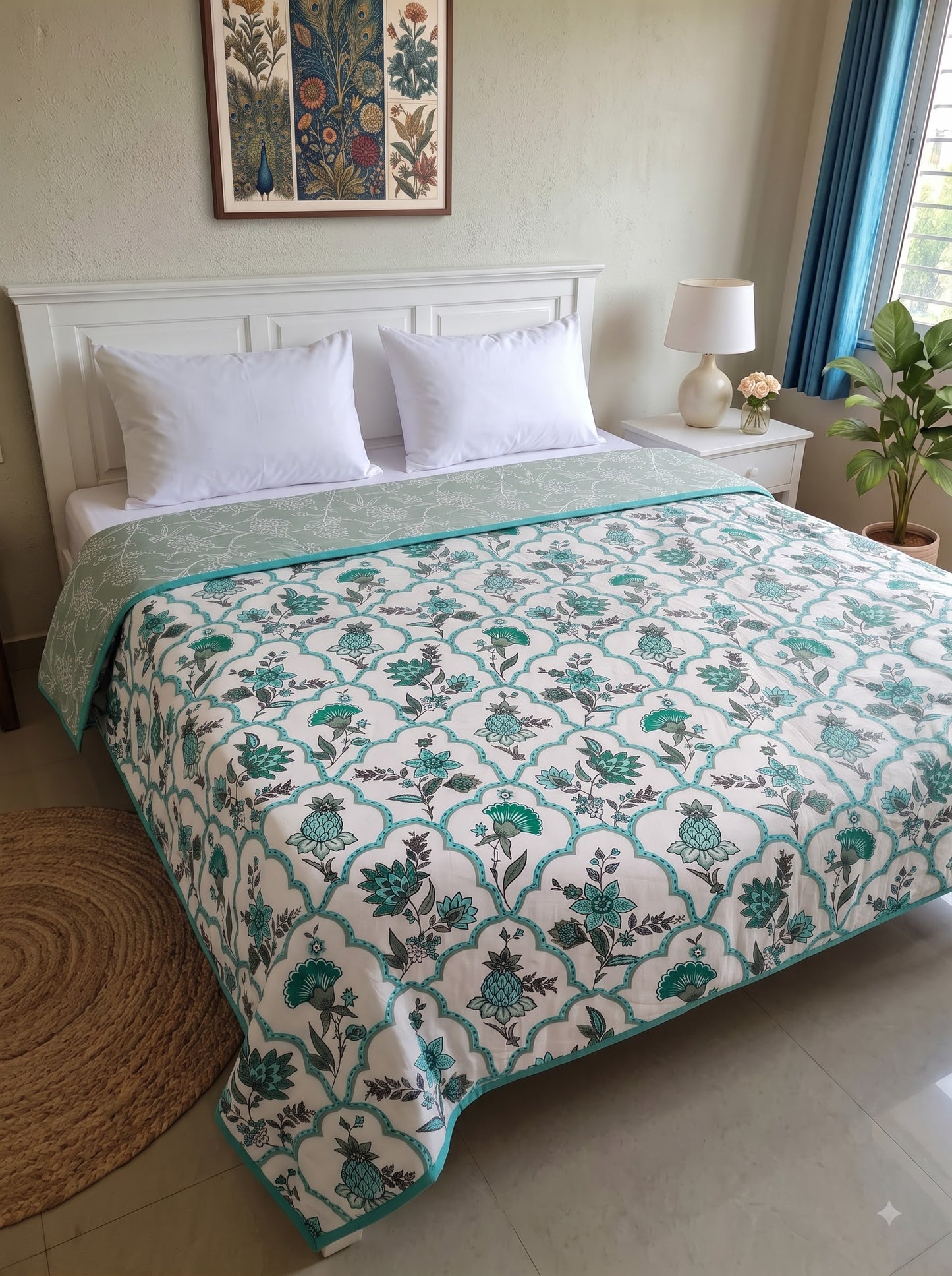 150 GSM Sparsh Premium Cambric Cotton Double Bed Dohar | 210 x 240 cm | Reversible AC Blanket | Mint Green