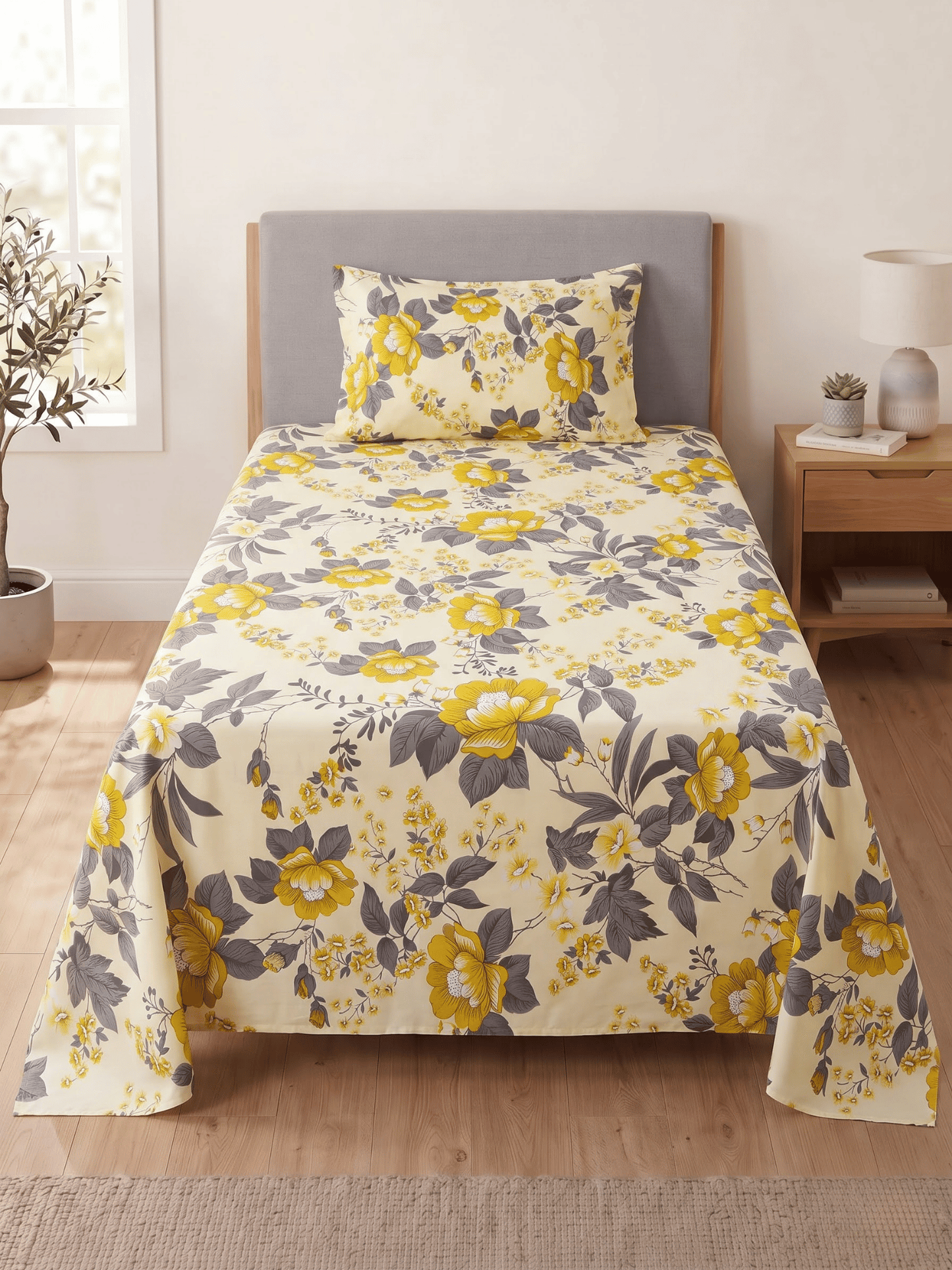 144 TC Fern Printed Cotton Single Bedsheet 90 x 60 Inches with 1 Pillow Cover – Mango Yellow