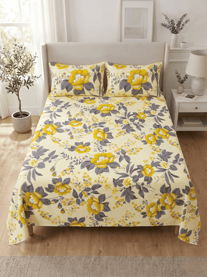 144 TC Fern Printed Cotton Double Bedsheet 90x100 with 2 Pillow Covers – Mango Yellow
