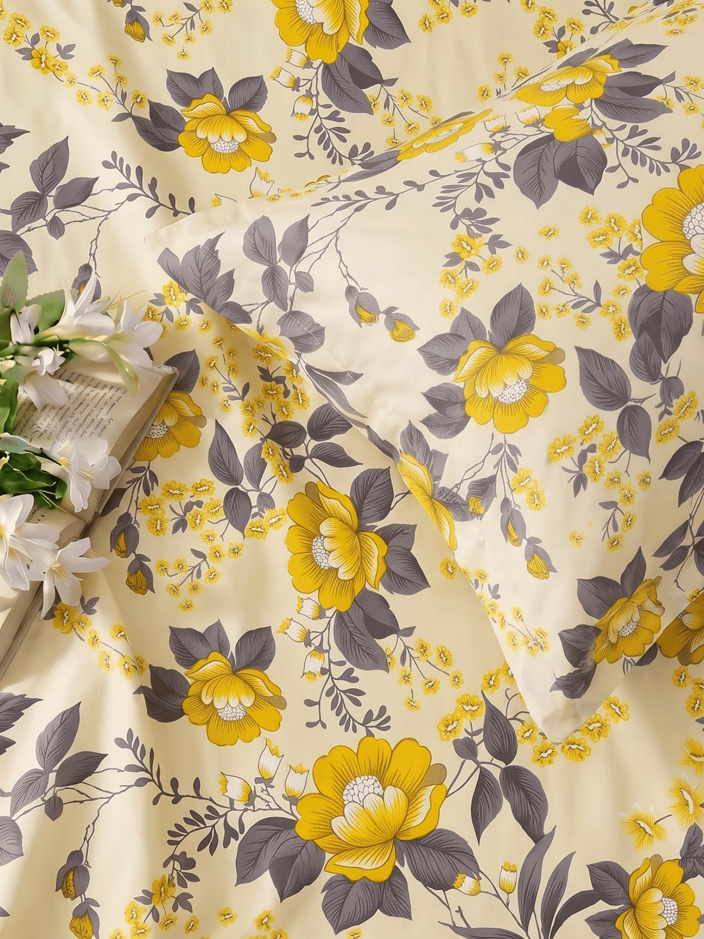144 TC Fern Printed Cotton Single Bedsheet 90 x 60 Inches with 1 Pillow Cover – Mango Yellow
