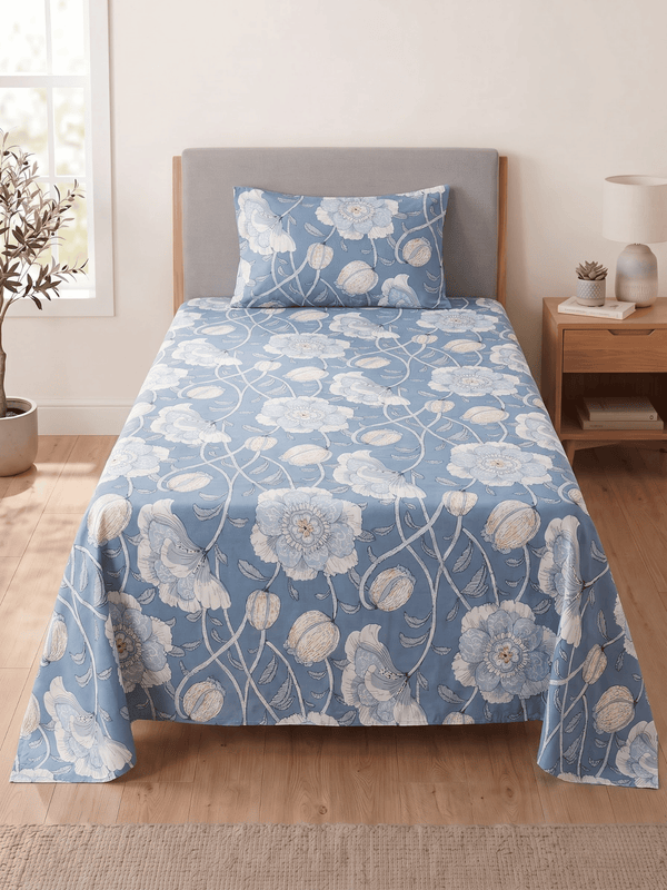 144 TC Fern Printed Cotton Single Bedsheet 90 x 60 Inches with 1 Pillow Cover – Aaure Blue