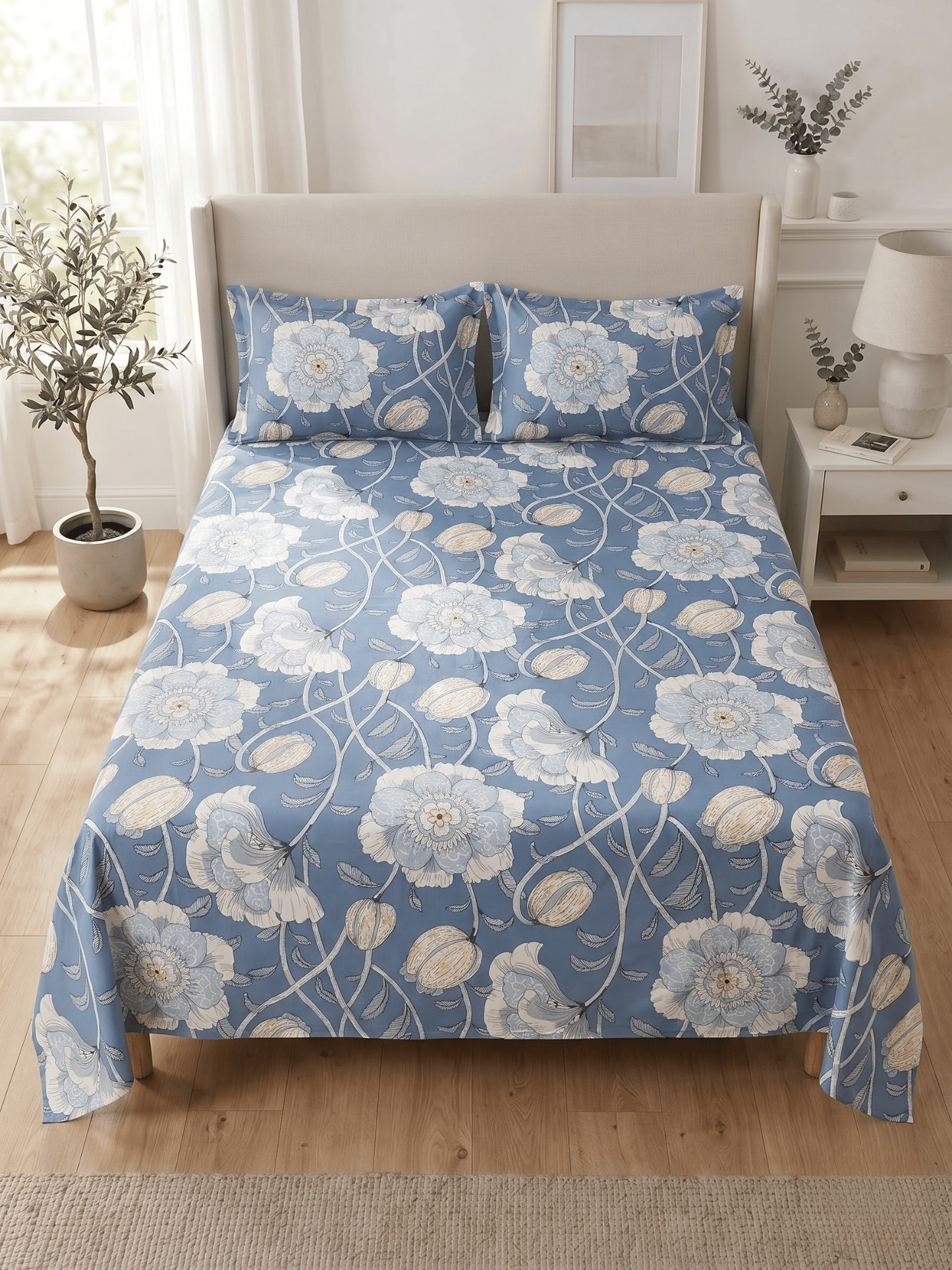 144 TC Fern Printed Cotton Double Bedsheet 90x100 with 2 Pillow Covers – Aaure Blue