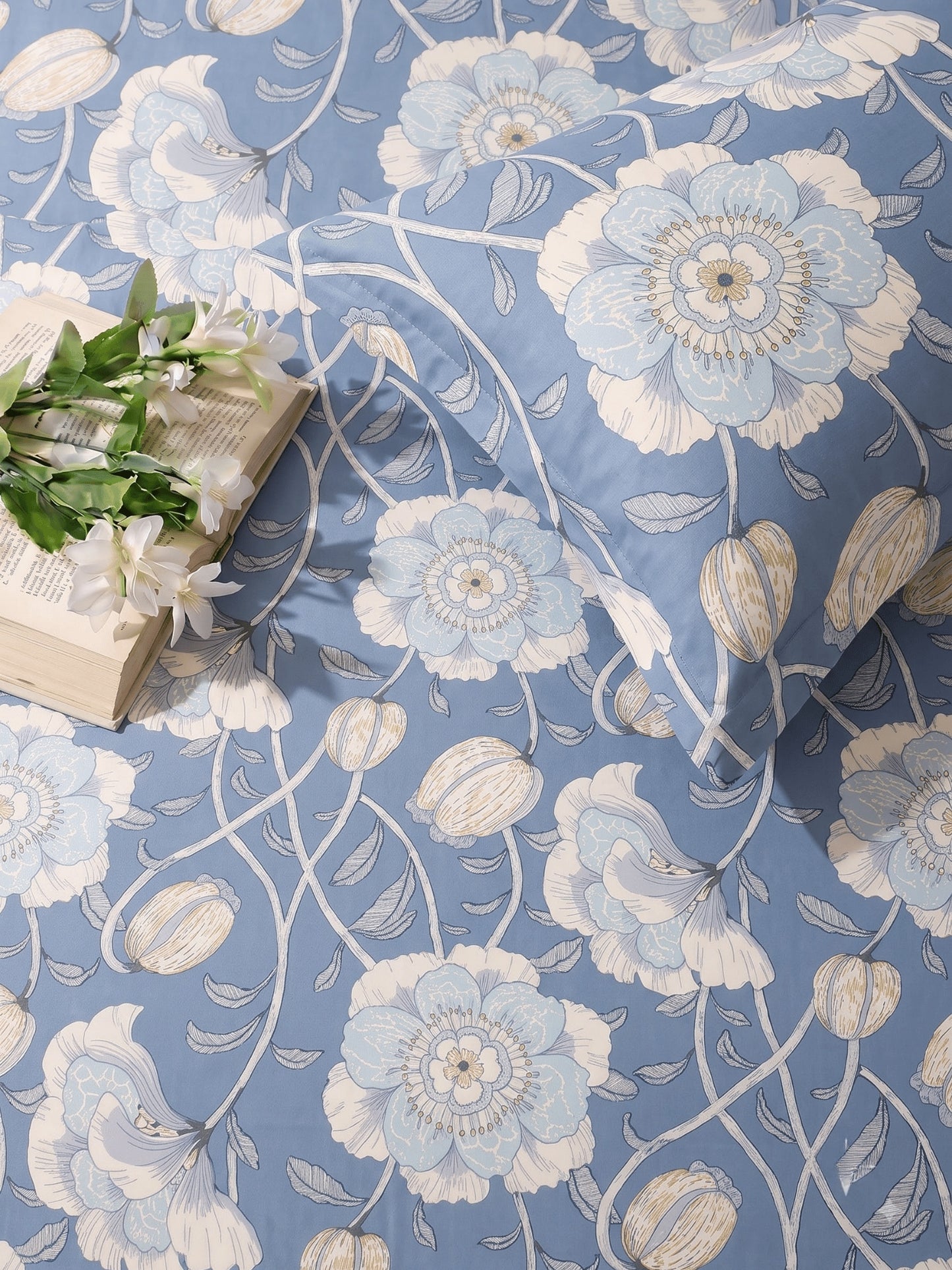 144 TC Fern Printed Cotton Single Bedsheet 90 x 60 Inches with 1 Pillow Cover – Aaure Blue