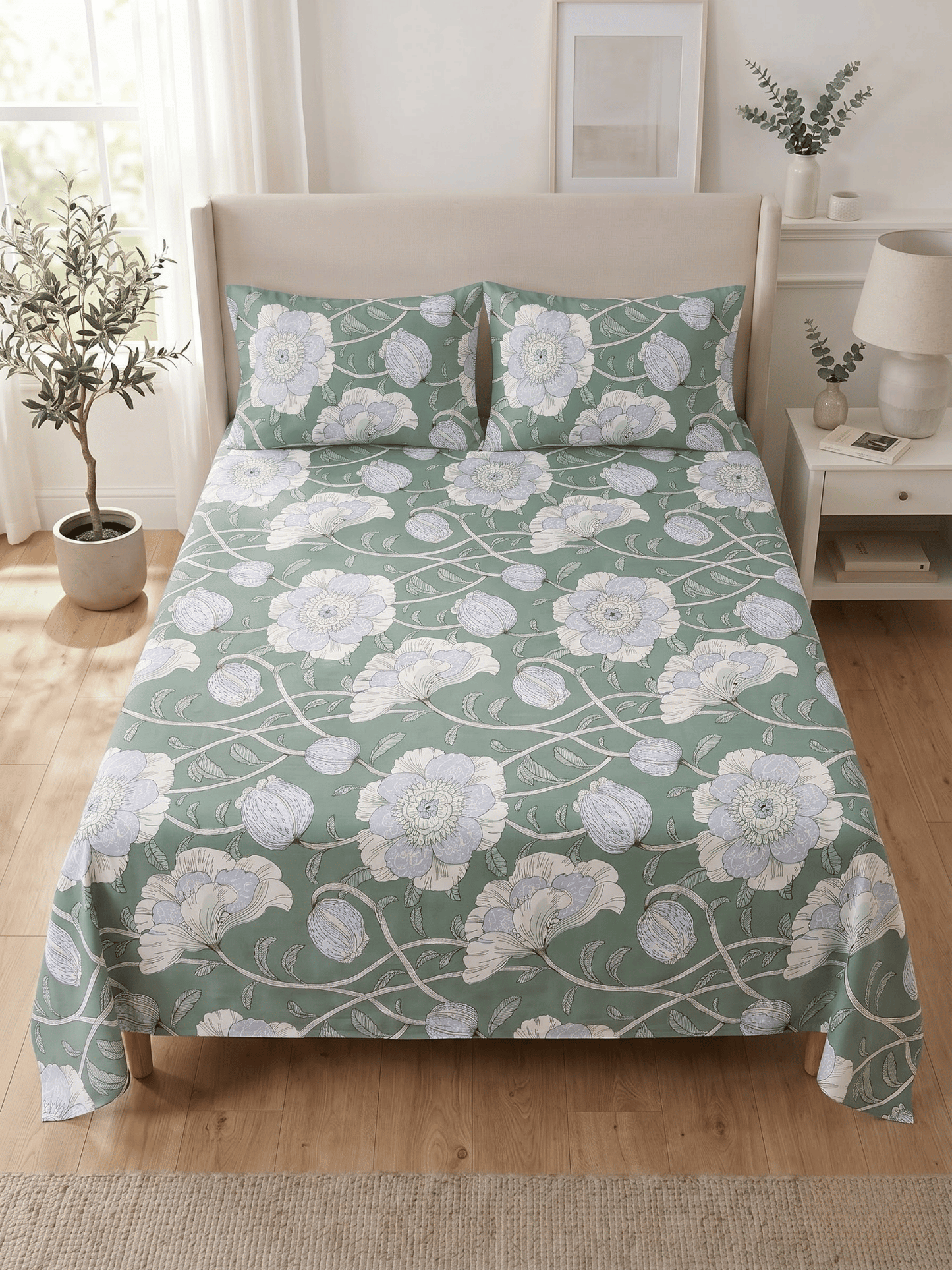 144 TC Fern Printed Cotton Double Bedsheet 90x100 with 2 Pillow Covers – Eucalyptus Green
