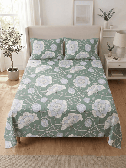 144 TC Fern Printed Cotton Double Bedsheet 90x100 with 2 Pillow Covers – Eucalyptus Green
