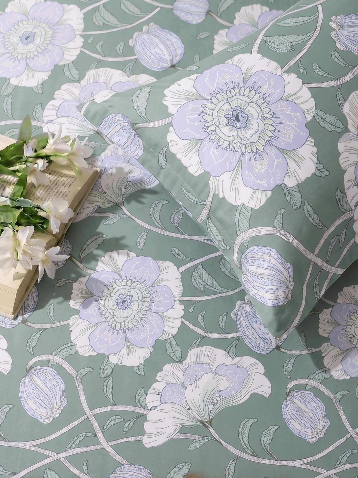 144 TC Fern Cotton Single Bedsheet 90 x 60 Inches with 1 Pillow Cover – Eucalyptus Green