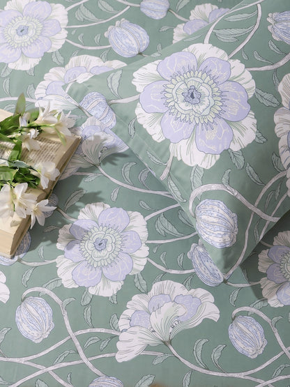 144 TC Fern Cotton Single Bedsheet 90 x 60 Inches with 1 Pillow Cover – Eucalyptus Green