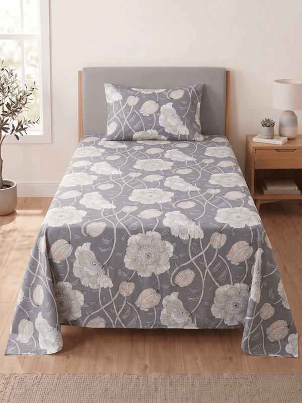144 TC Fern Cotton Single Bedsheet 90 x 60 Inches with 1 Pillow Cover – Steel Grey
