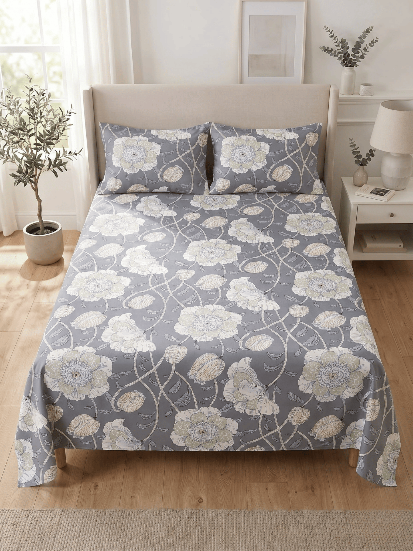 144 TC Fern Printed Cotton Double Bedsheet 90x100 with 2 Pillow Covers – Steel Grey