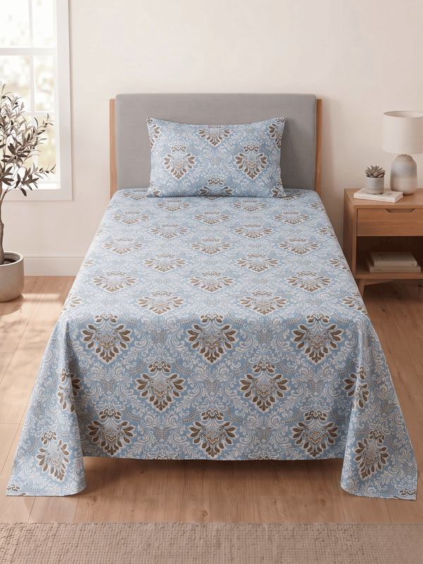 144 TC Fern Cotton Single Bedsheet 90 x 60 Inches with 1 Pillow Cover – Powder Blue