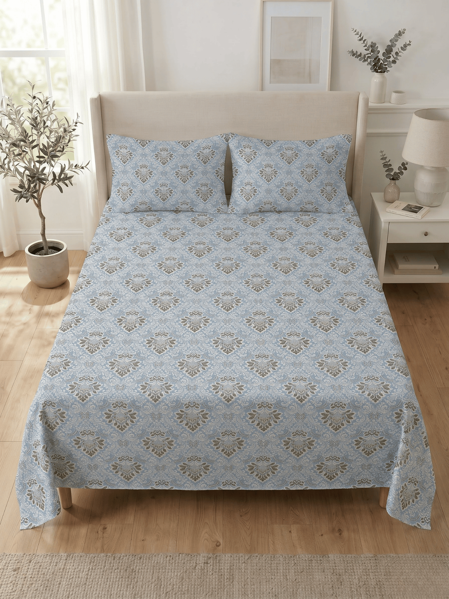 144 TC Fern Printed Cotton Double Bedsheet 90x100 with 2 Pillow Covers – Powder Blue