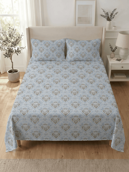 144 TC Fern Printed Cotton Double Bedsheet 90x100 with 2 Pillow Covers – Powder Blue