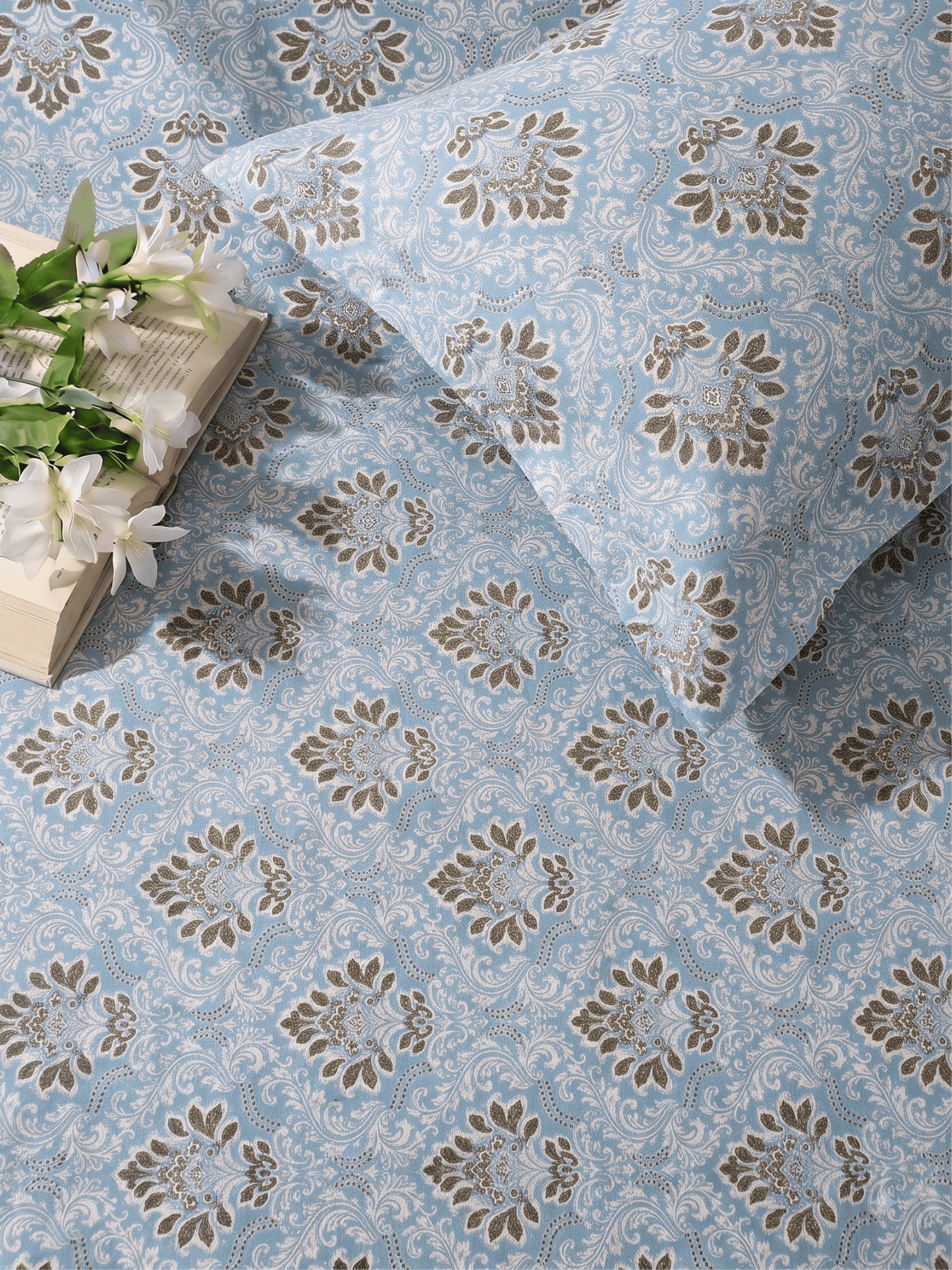 144 TC Fern Cotton Single Bedsheet 90 x 60 Inches with 1 Pillow Cover – Powder Blue