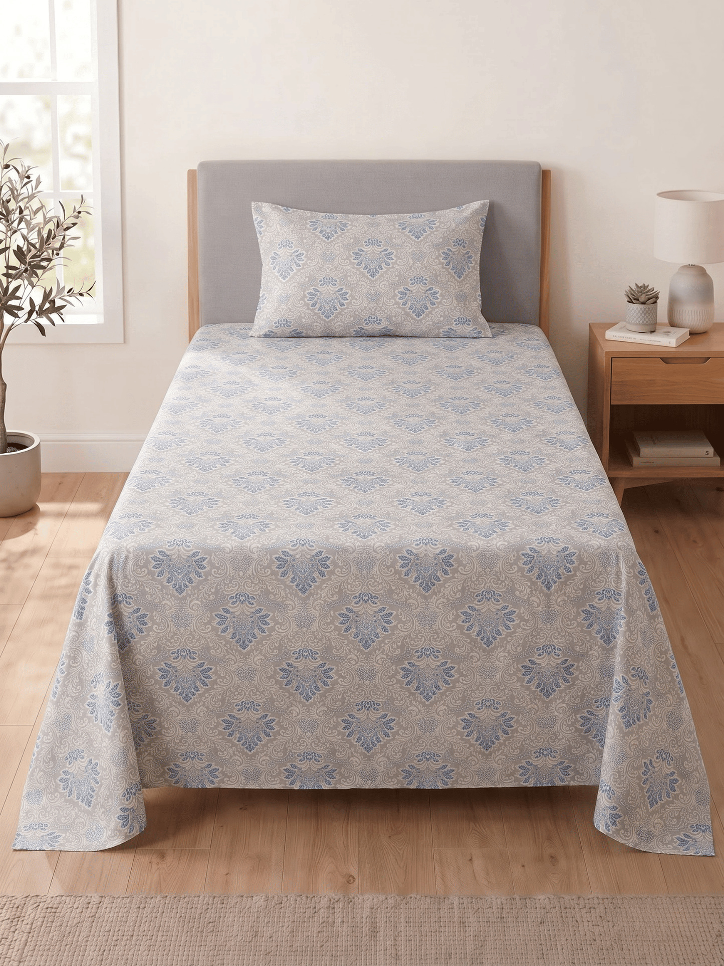 144 TC Fern Printed Cotton Single Bedsheet 90 x 60 Inches with 1 Pillow Cover – Warm Gray