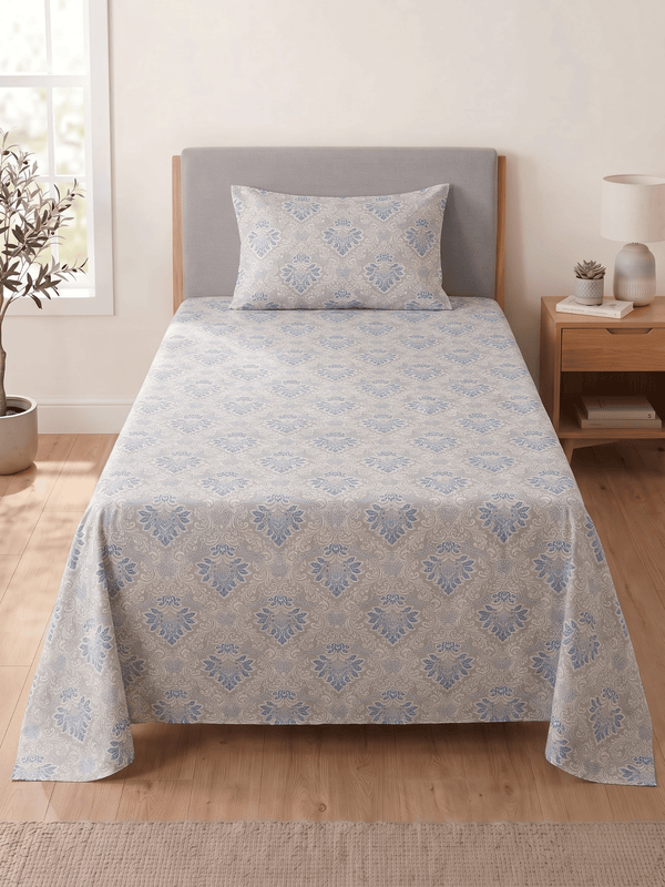 144 TC Fern Printed Cotton Single Bedsheet 90 x 60 Inches with 1 Pillow Cover – Warm Gray