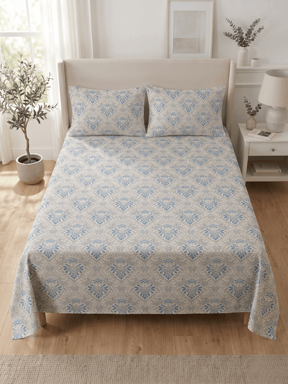 144 TC Fern Printed Cotton Double Bedsheet 90x100 with 2 Pillow Covers – Warm Gray