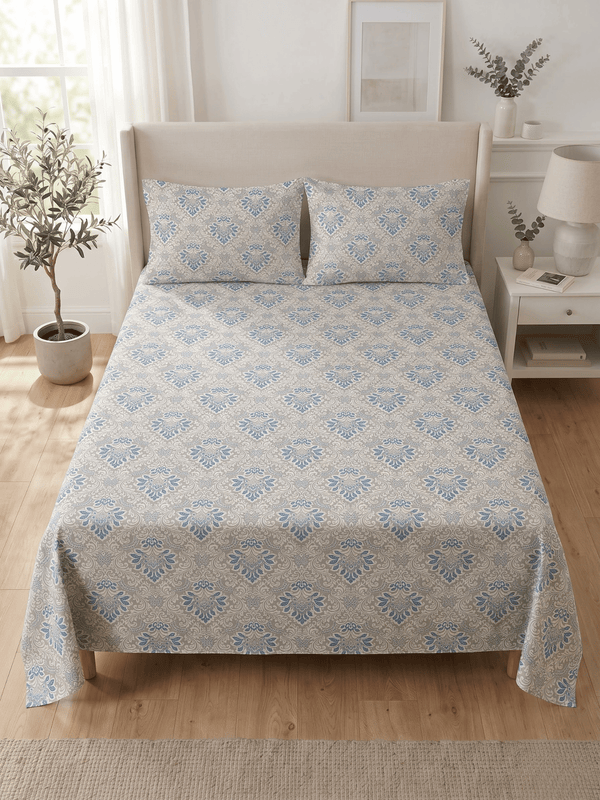 144 TC Fern Printed Cotton Double Bedsheet 90x100 with 2 Pillow Covers – Warm Gray