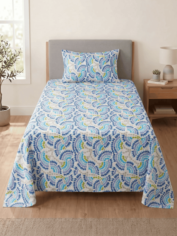 144 TC Fern Cotton Single Bedsheet 90 x 60 Inches with 1 Pillow Cover – Blue N White