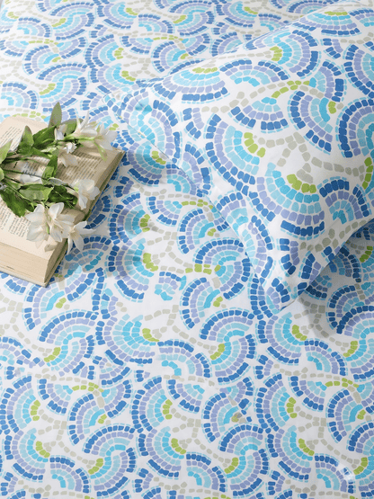 144 TC Fern Cotton Single Bedsheet 90 x 60 Inches with 1 Pillow Cover – Blue N White