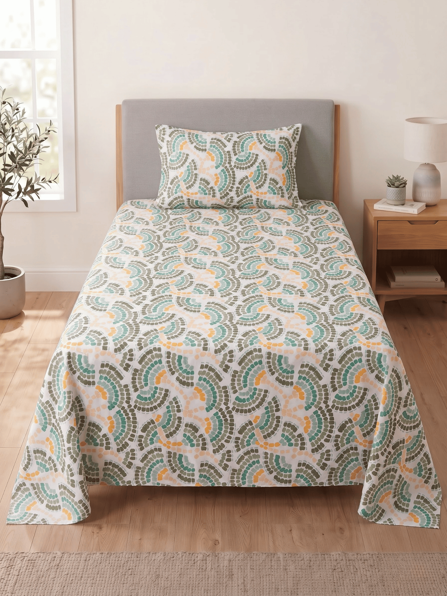 144 TC Fern Printed Cotton Single Bedsheet 90 x 60 Inches with 1 Pillow Cover – Off-White