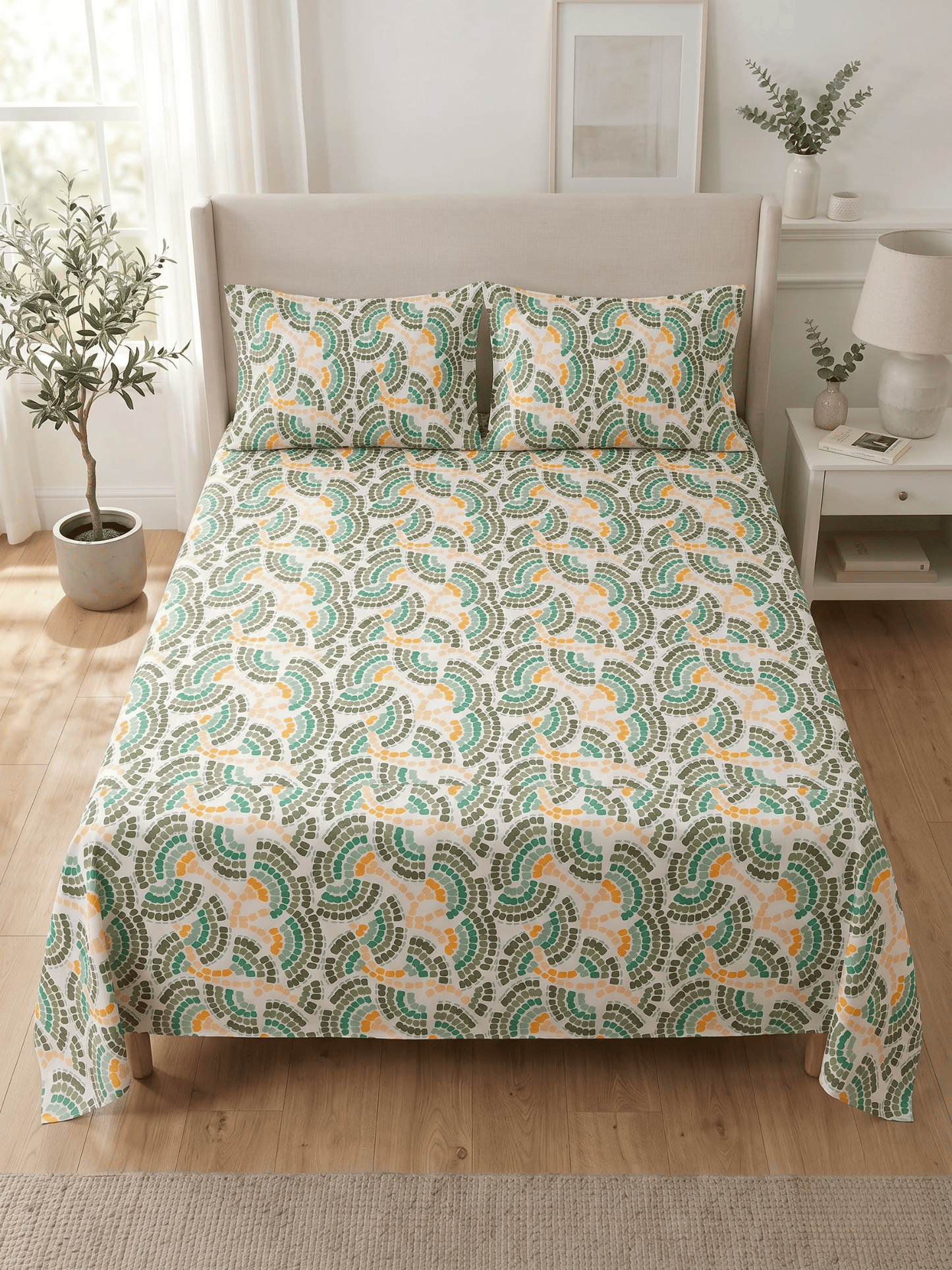 144 TC Fern Printed Cotton Double Bedsheet 90x100 with 2 Pillow Covers – Off-White