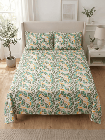 144 TC Fern Printed Cotton Double Bedsheet 90x100 with 2 Pillow Covers – Off-White