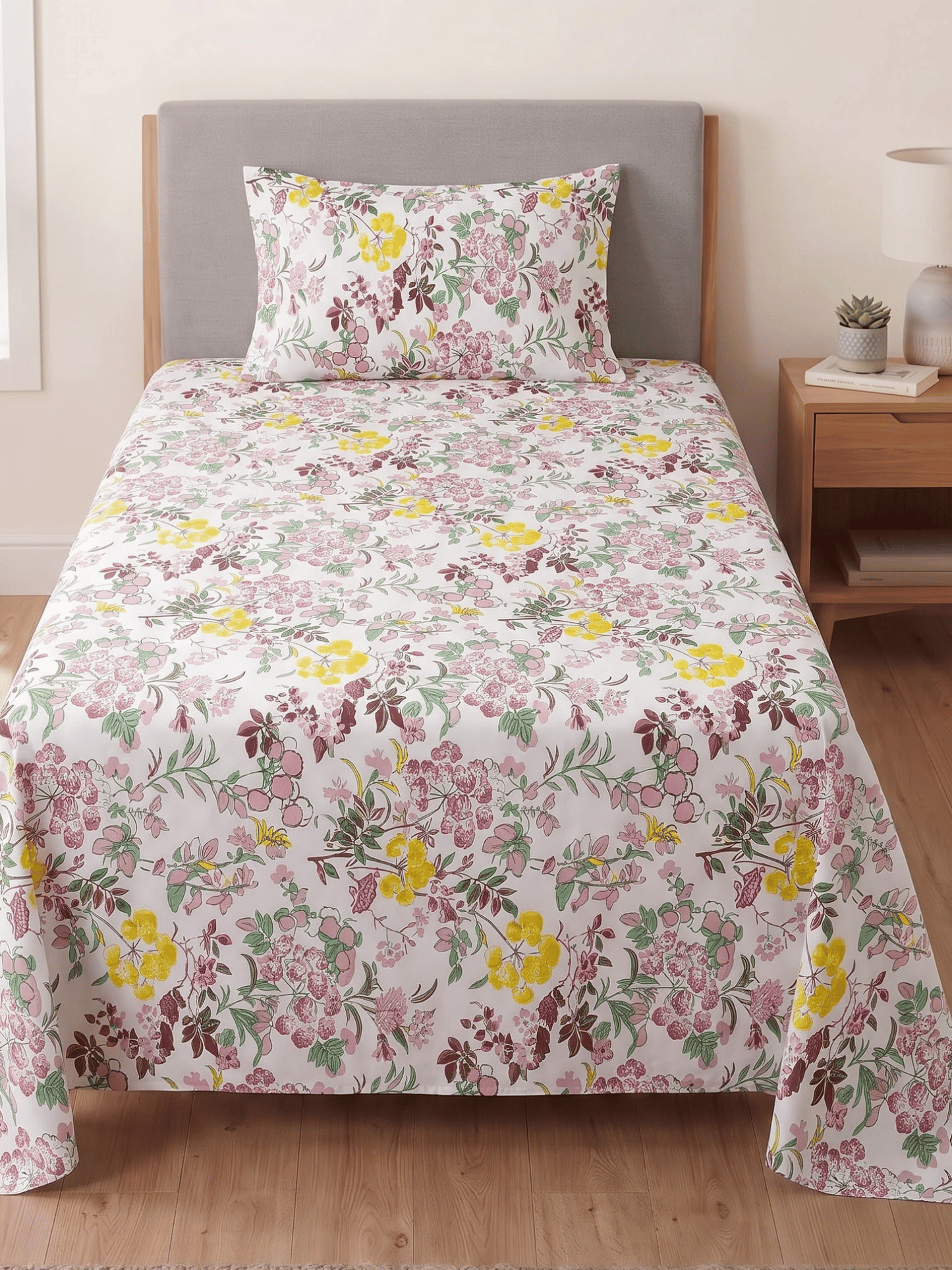 144 TC Fern Cotton Single Bedsheet 90 x 60 Inches with 1 Pillow Cover – Dusty Pink