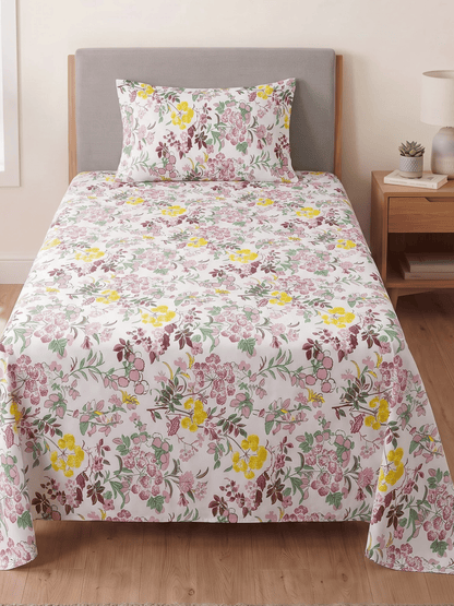 144 TC Fern Cotton Single Bedsheet 90 x 60 Inches with 1 Pillow Cover – Dusty Pink