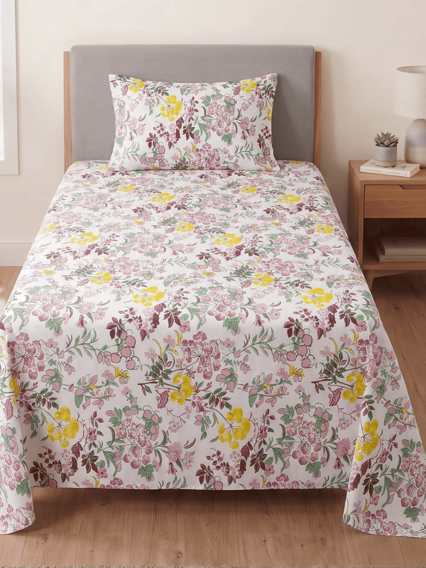 144 TC Fern Cotton Single Bedsheet 90 x 60 Inches with 1 Pillow Cover – Dusty Pink