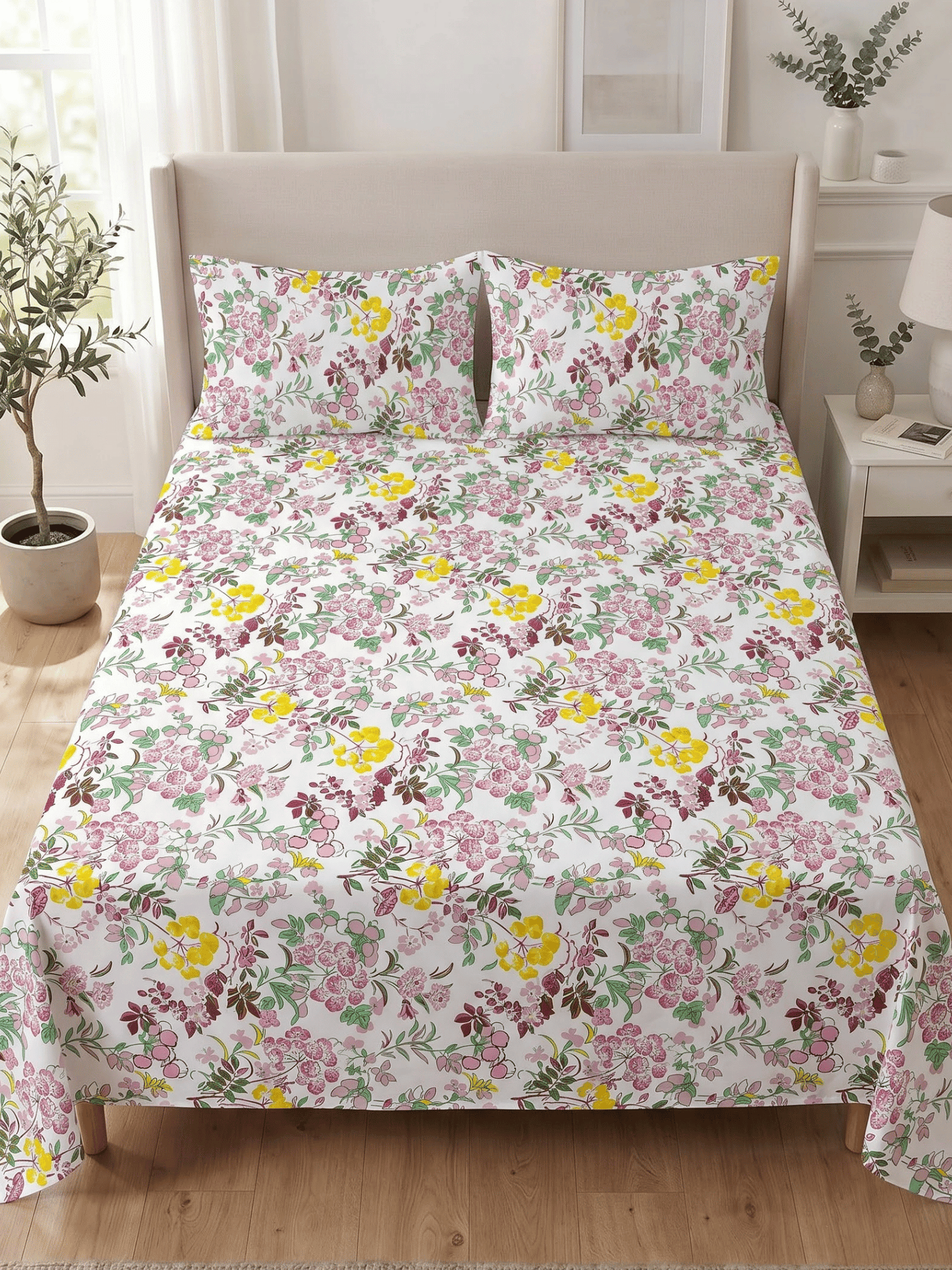 144 TC Fern Printed Cotton Double Bedsheet 90x100 with 2 Pillow Covers – Dusty Pink