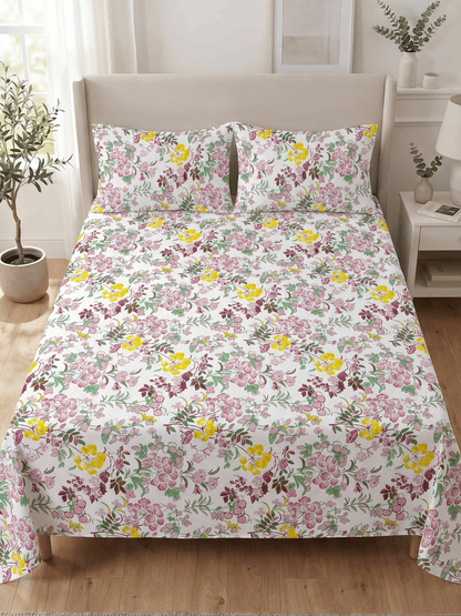 144 TC Fern Printed Cotton Double Bedsheet 90x100 with 2 Pillow Covers – Dusty Pink