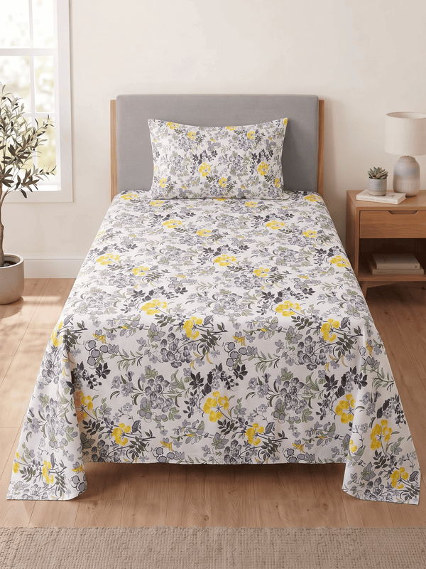 144 TC Fern Cotton Single Bedsheet 90 x 60 Inches with 1 Pillow Cover – Soft Grey
