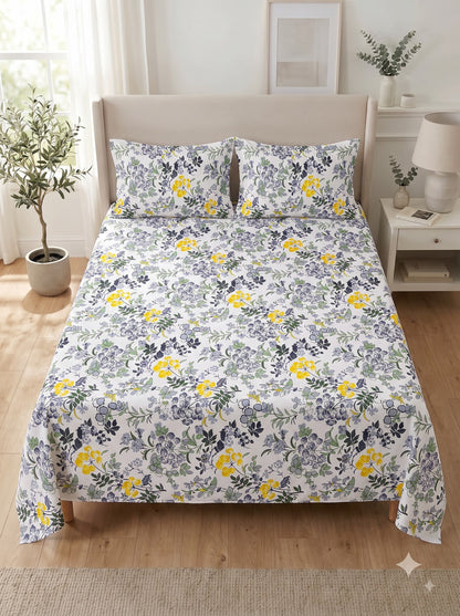 144 TC Fern Printed Cotton Double Bedsheet 90x100 with 2 Pillow Covers – Soft Grey