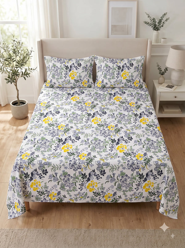 144 TC Fern Printed Cotton Double Bedsheet 90x100 with 2 Pillow Covers – Soft Grey
