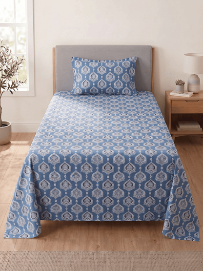 144 TC Fern Printed Cotton Single Bedsheet 90 x 60 Inches with 1 Pillow Cover – Ocean Blue